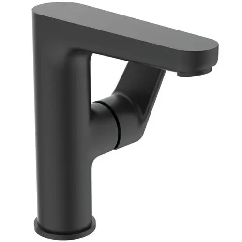 Schwarze Waschtischarmatur von Ideal Standard mit flachem Auslauf und einarmiger Bedienung. Die Form ist modern und schlicht gehalten.